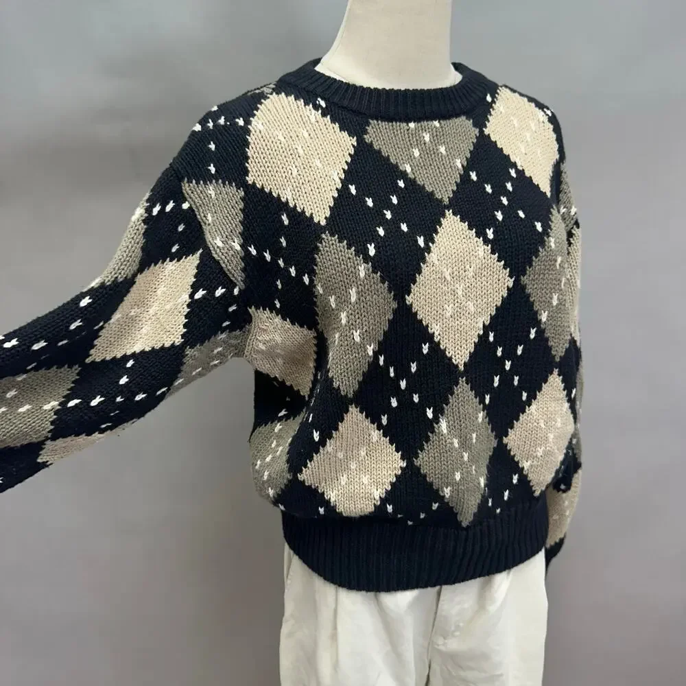 Vintage‎ Lizsport Argyle Sweater Women’s Small – Ramie Cotton Knit Oversized Fit